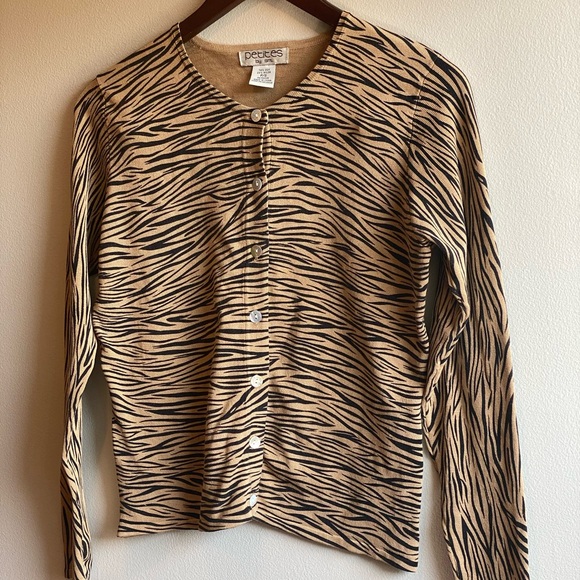 Vintage Petites by SML Silk Blend Zebra Print Cardigans Sweater Crew Neck Size S - Picture 2 of 6